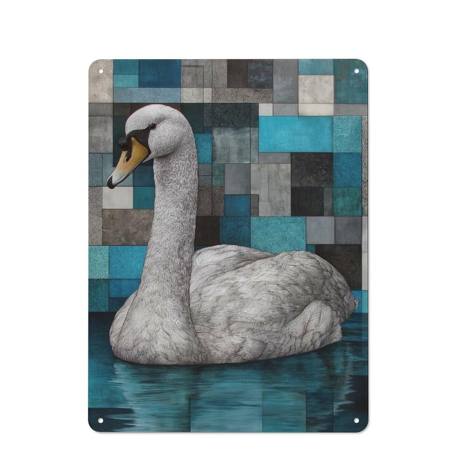 Junmoney Style-2 Vintage Vintage Metal Sign 40X30cm Featuring Elegant Swan In Blue Mosaic, Restaurant Wall Art For Takeaway, Bar, Kitchen Or Counter Area