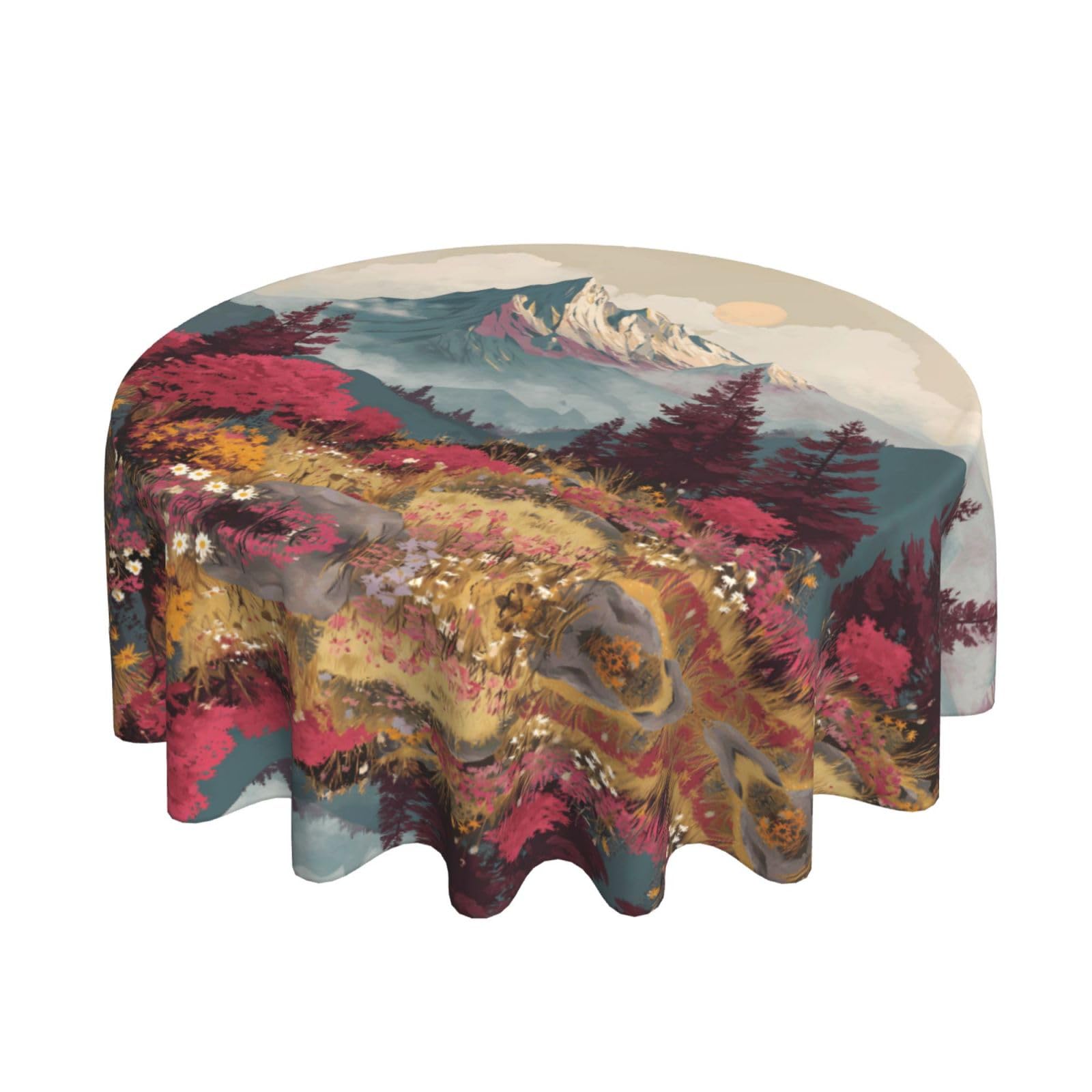 ESNAIUVCD Mountain print Round Tablecloth Waterproof Washable Wipeable Resistant Polyester Circular Table Cover for Dining Room Kitchen Indoor Outside 60"