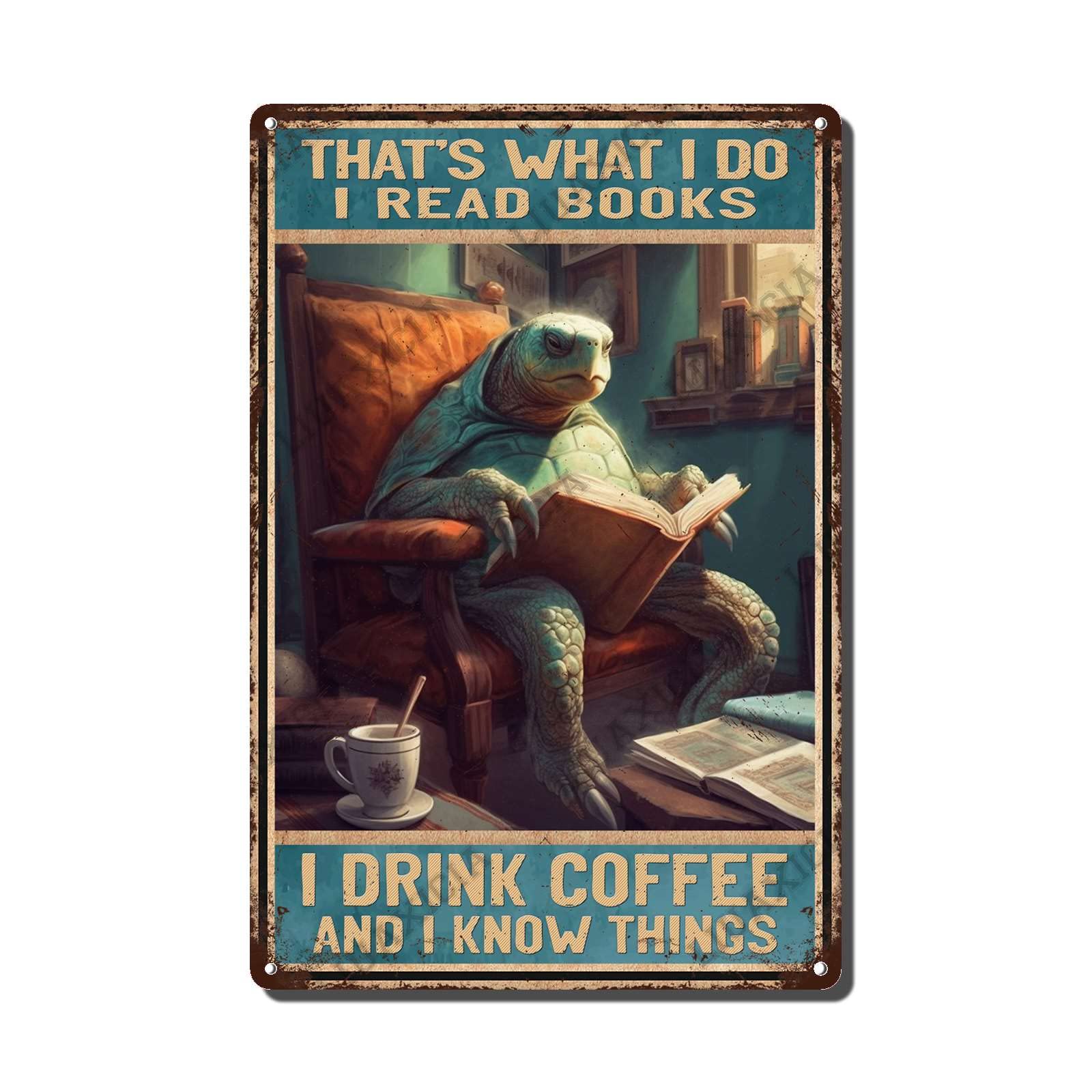 peiyeety Metal Tin Sign That's What I Do I Read Books Turtle Vintage Decorative Wall Art,Retro Book Lover Rustic Plaque for Home Living Room Bedroom Library Office,12x16 Inch
