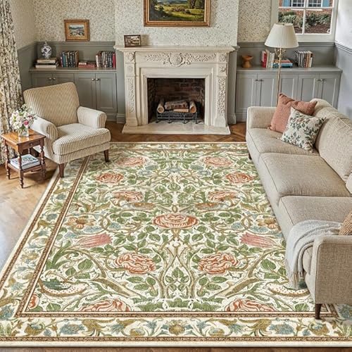 Floral 8x10 Area Rugs for Living Room Neutral Machine Washable Large Rug Non-Slip Stain Resistant Low Pile Boho Accent Indoor Throw Carpet for Bedroom