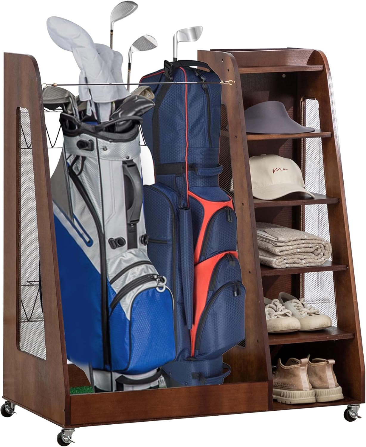 Premium Wooden Golf Bag Organizer for Garage & Car Trunk – Holds 2 Golf Bags, Shoes & Accessories | 35.5"x18"x40"