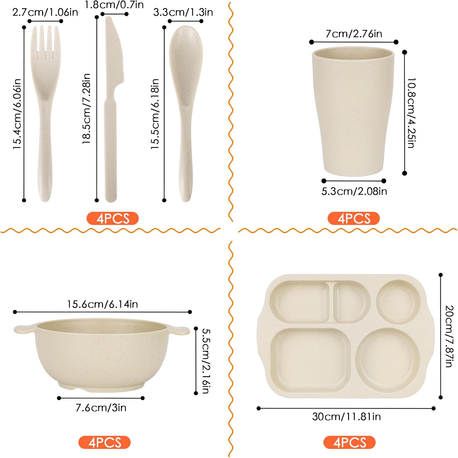 24 PCS Wheat Straw Dinnerware Set for Adult Kids Plates and Bowls Sets | Divided Kids Plates Bowls Cup Cutlery Sets, Reusable Children Tableware Set Microwave Dishwasher Safe for School Party Home