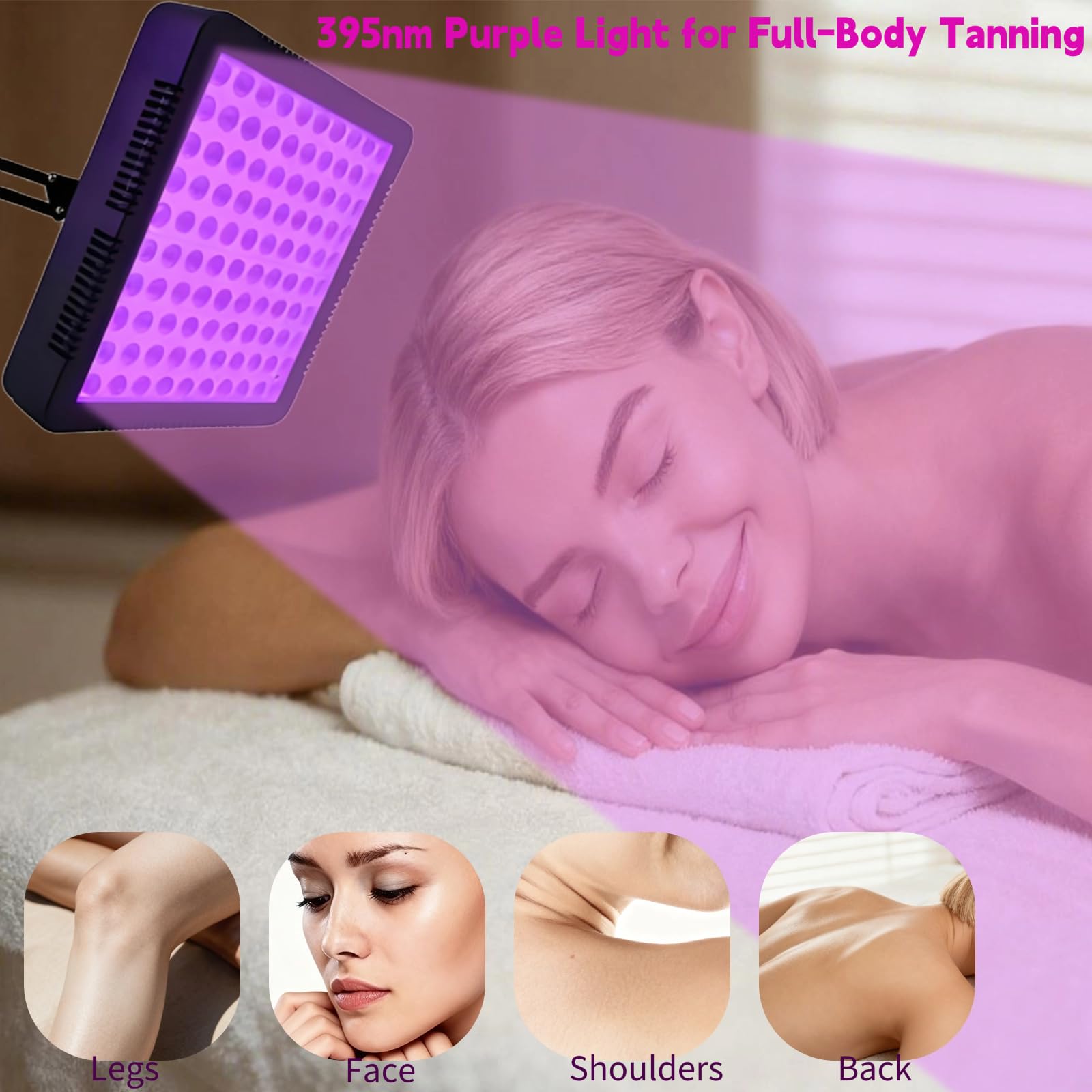 Lámpara de bronceado, solarium de 100 LED para uso doméstico, lámpara solar de luz púrpura de 395 nm, dispositivo de autobronceado para cara y cuerpo con cabezal giratorio de 360° y soporte de ángulo