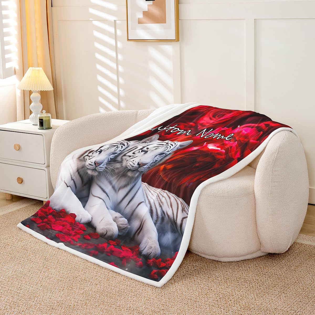 Customizable White Tiger Throw Blanket Red Rose Flower Fleece Blanket for Boys Girls,African Safari Animals Blanket 40"x50" Big Cat Wild Animal Skin Bed Blanket,Romantic Garden Floral Bedroom Decor