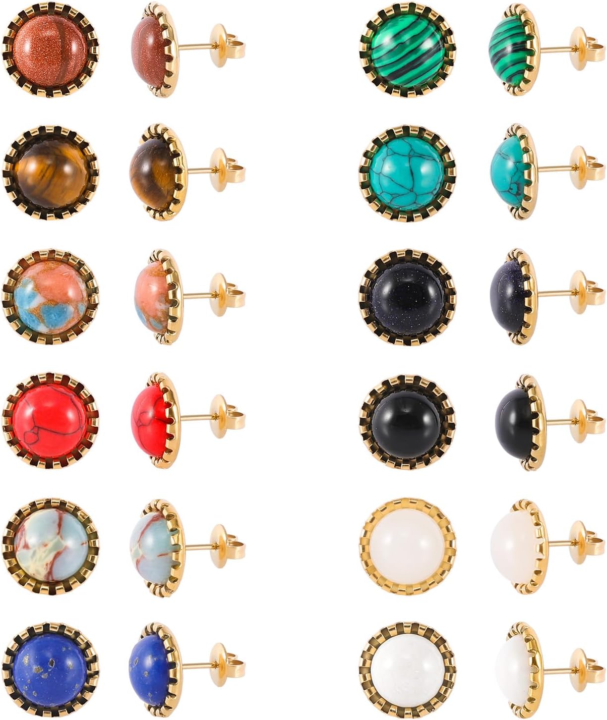 12 Pairs Multi Gemstone Stud Earrings Stainless Steel Turquoise Tiger Eye Onyx Lapis Lazuli Malachite Stone Stud Earrings Set for Women