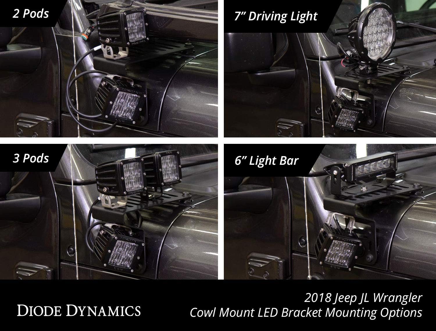 Diode Dynamics Cowl Mount LED Brackets compatible with Jeep JL Wrangler 2018-2026