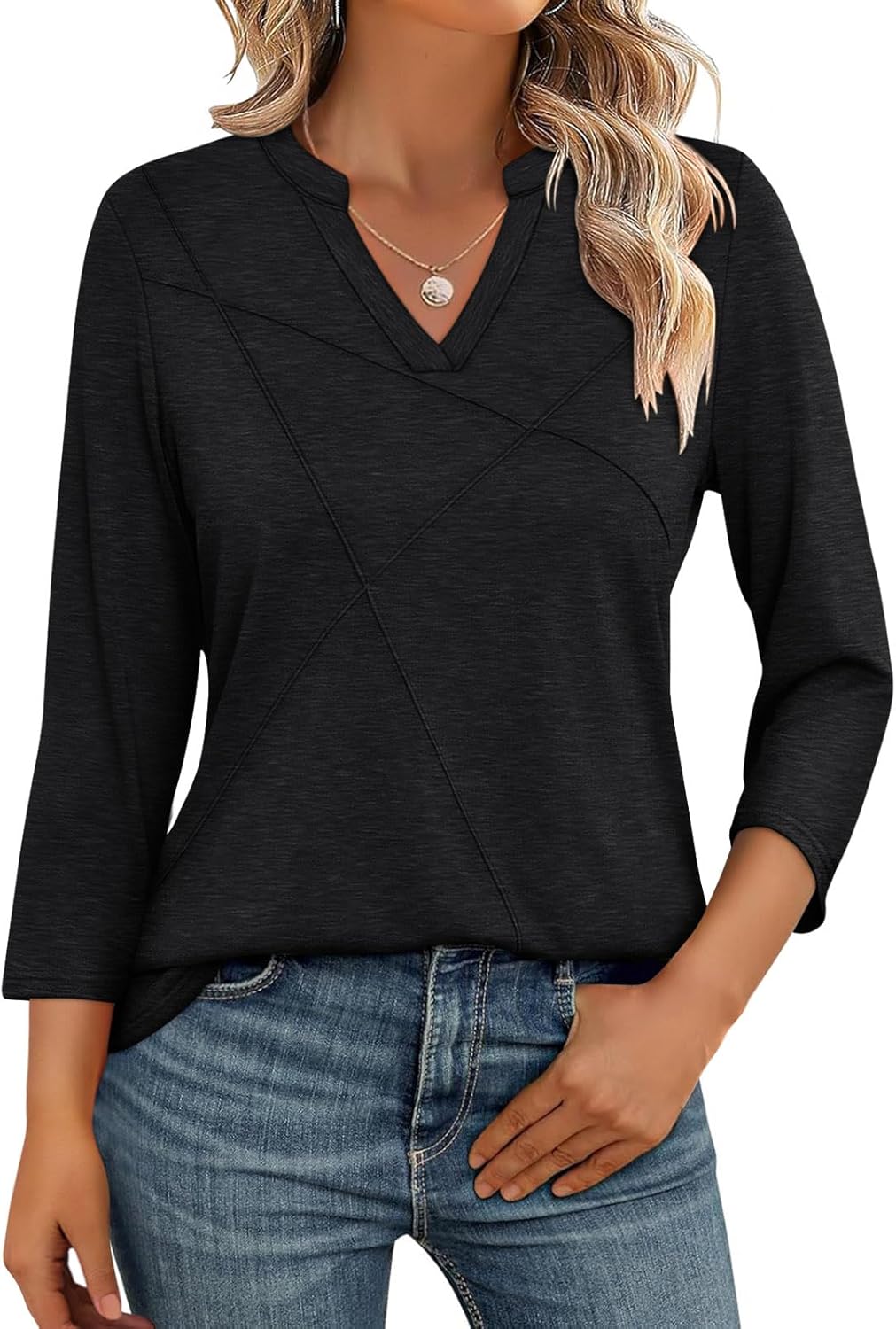 Womens Tops 3/4 Sleeve T Shirts V Neck Summer Tops Dressy Casual Basic Tees Loose Tunics