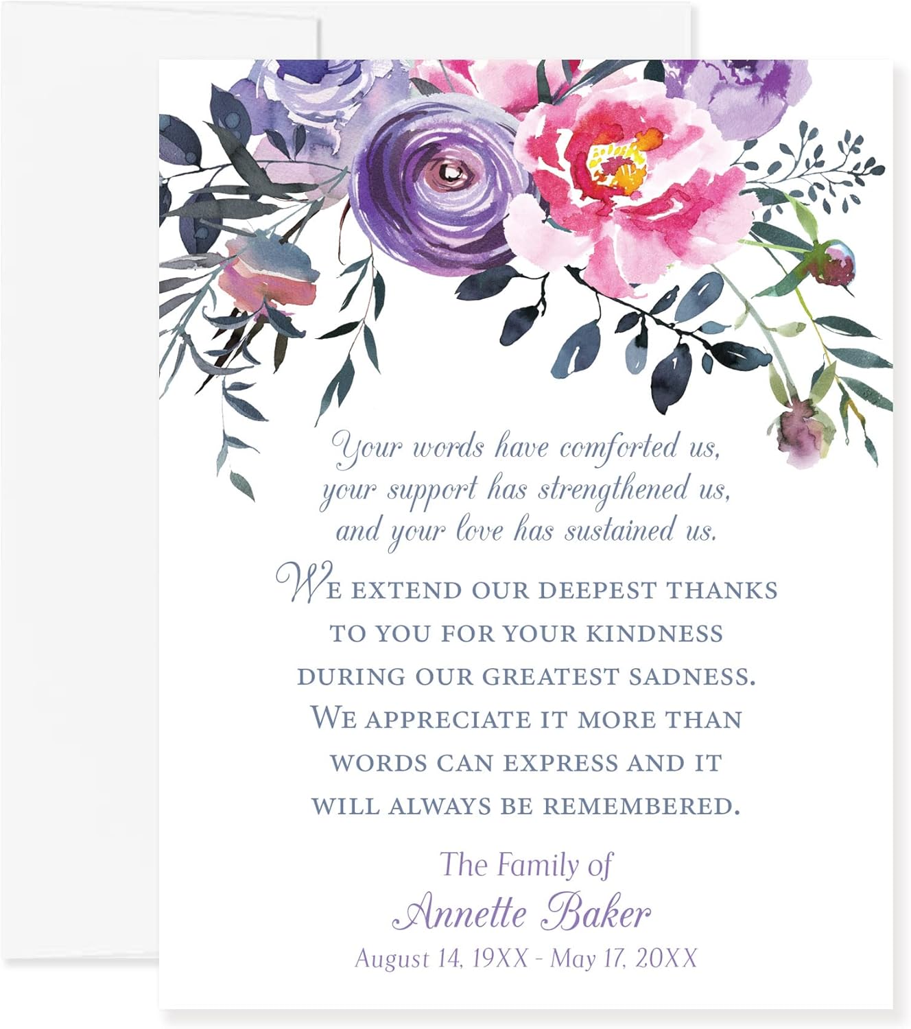 Pink and Purple Floral Funeral Thank You Cards, Sympathy Acknowledgement Cards, 4.25x5.5 Flat Bereavement Notecards with Envelopes