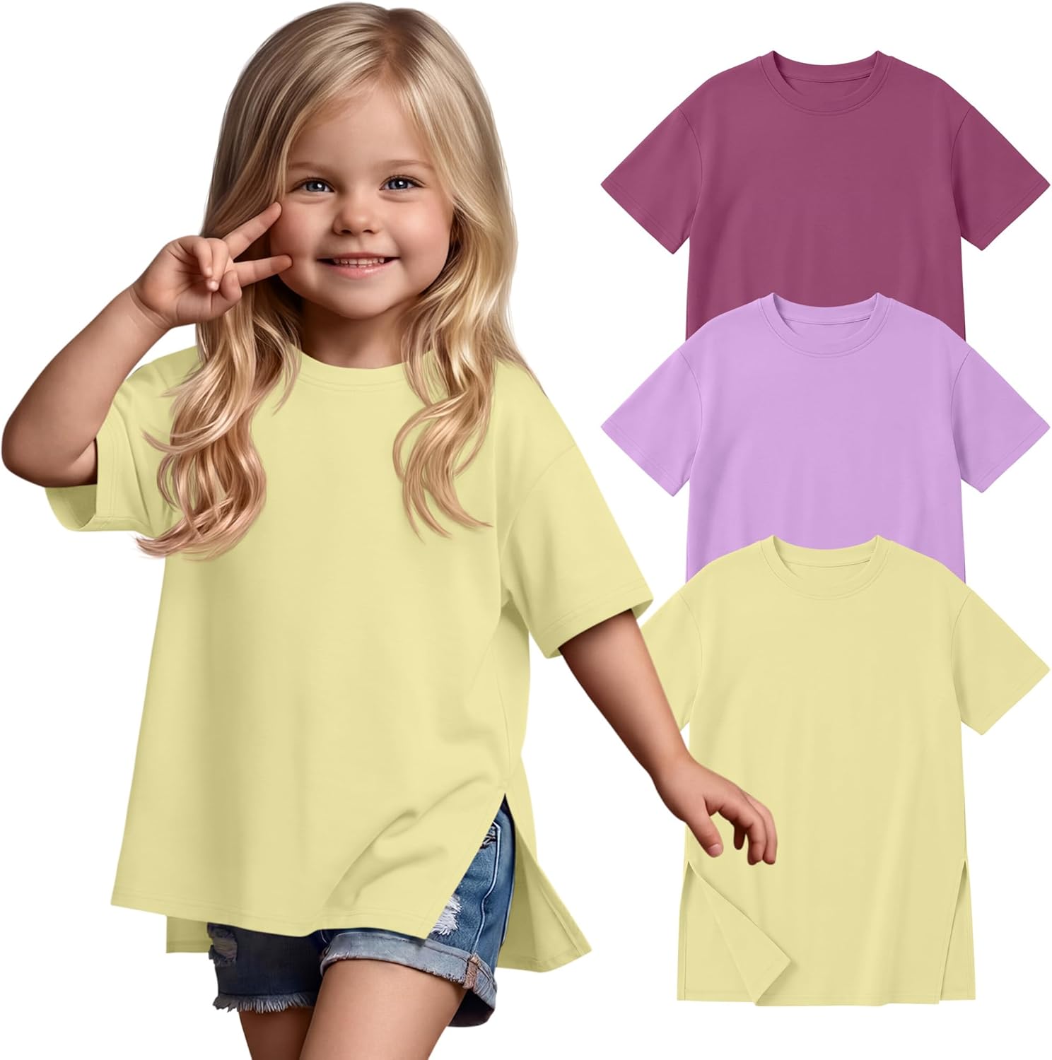 3 Pack Toddler Girls' Oversized Shirts Short Sleeve Crew Neck Tops Side Slit Summer Tees Loose Casual Basic T Shirt