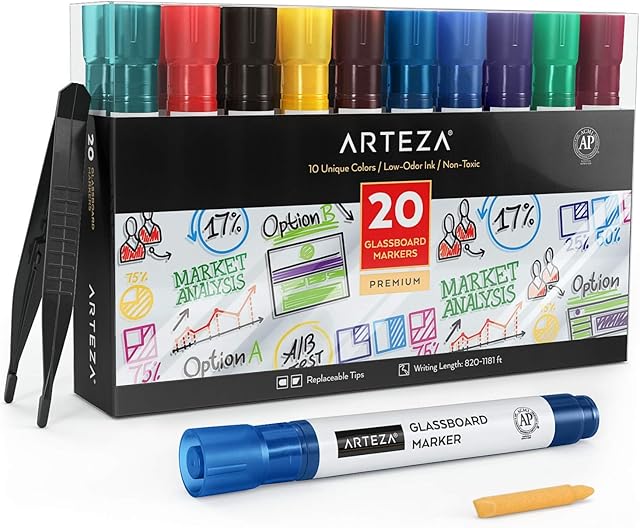 ARTEZA Whiteboard Pens, 20-Piece Set, 10 Bright Colours, Erasable Glass Pens, Low Odor Glass Board Markers for Mirrors, Windows, and Non-Porous Surfaces Like Dry Erase Boards