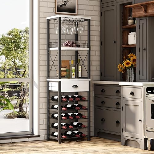 Miniatura 2 de Homeiju Estante de vino independiente para piso, gabinete de bar para licor y vasos, gabinete de barra de 4 niveles con mesa, soporte para vidrio,