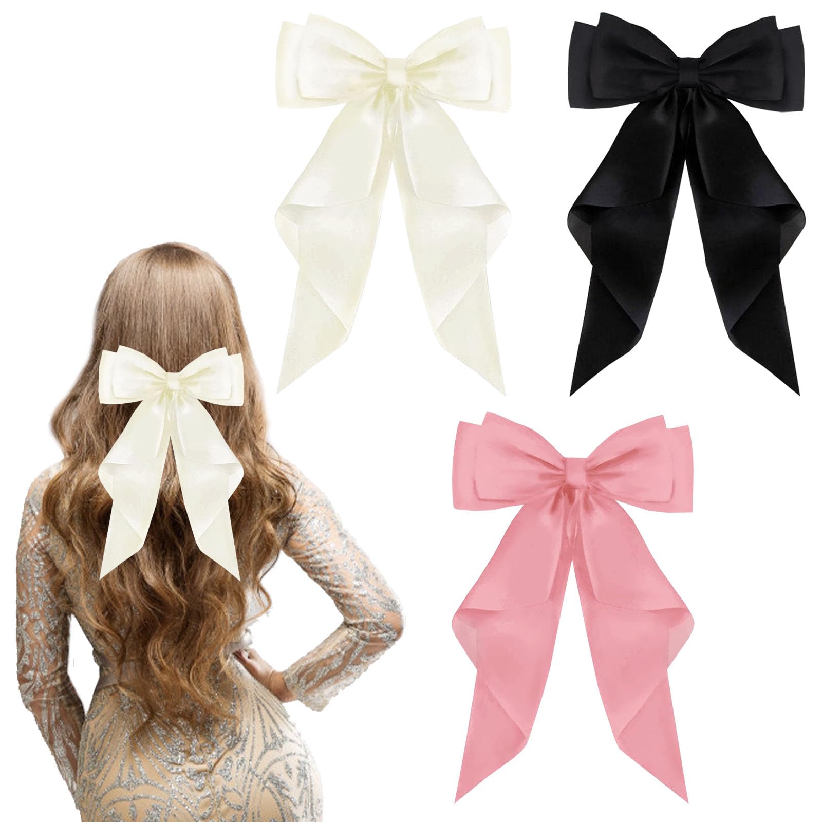 FEXPDL Pack of 3 Hair Bows - Large Satin Bowknot Clips in Black, Pink, and White for Women and Girls, Pink+White, 2 count (Pack of 1)