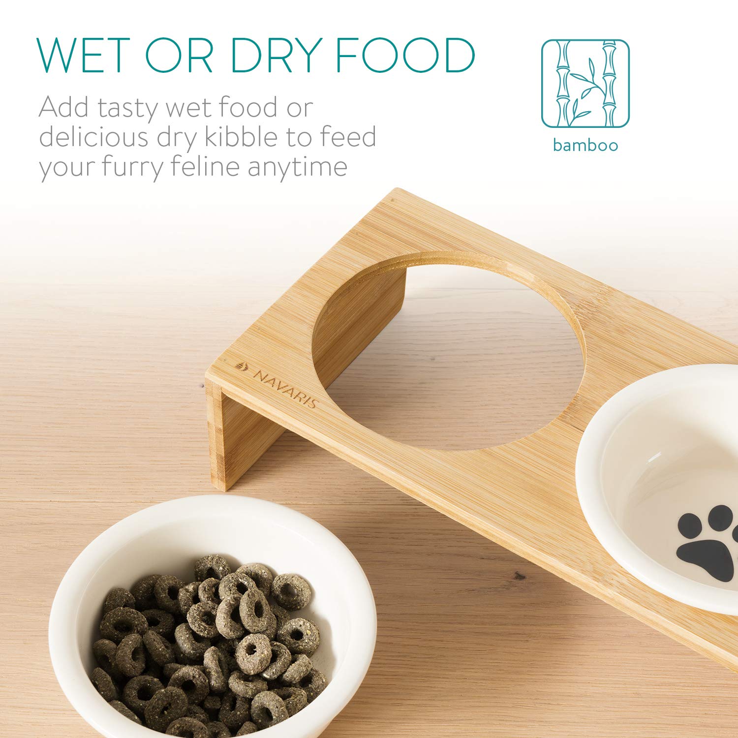 Navaris Set 2X Ciotola Cane Gatto Ceramica - 2X 360ml con Base rialzata in bambù- Set di 2 scodelle con Supporto in Legno per Cibo Acqua croccantini