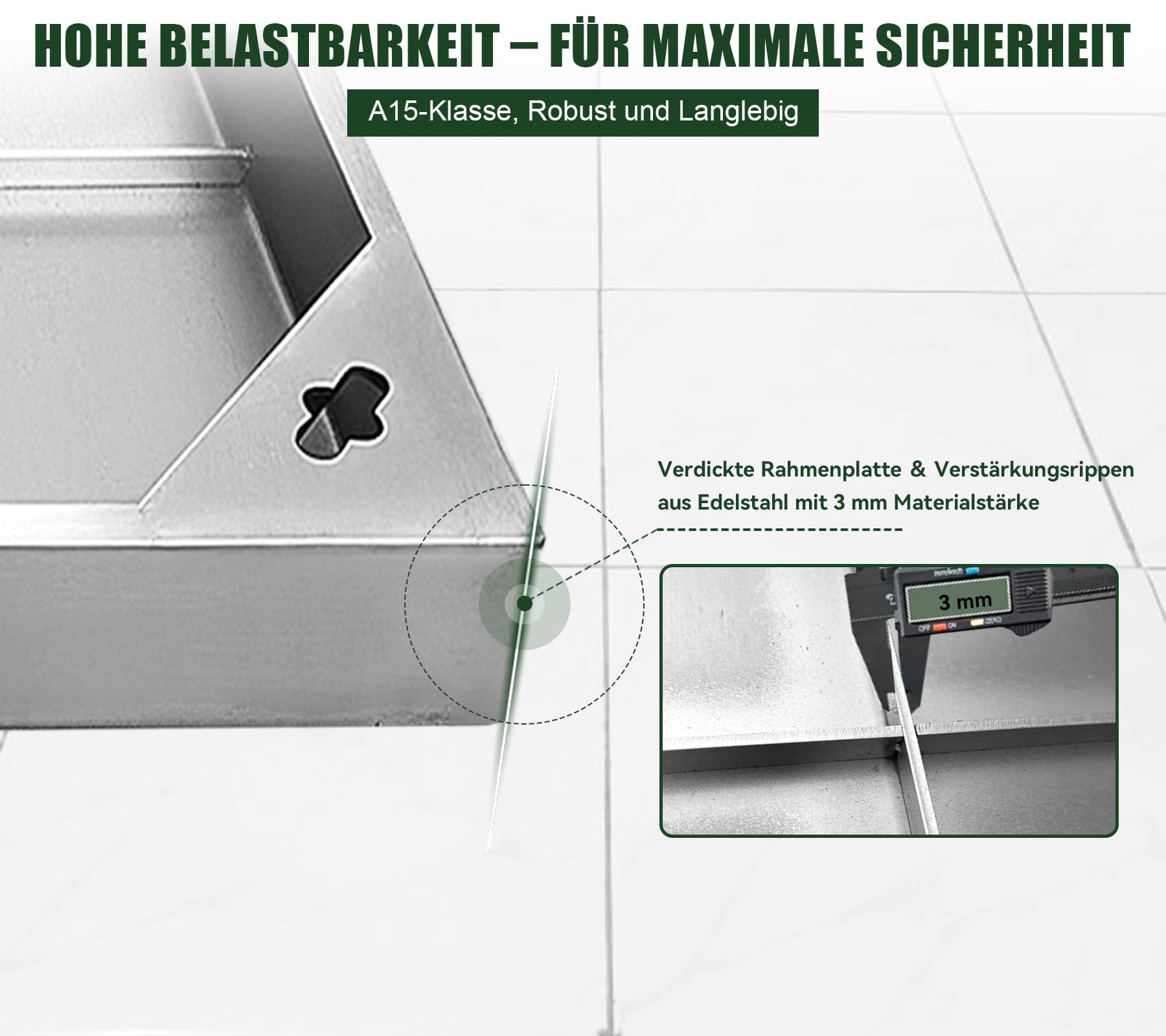 Schachtabdeckung Edelstahl V2A Außenmaß 600 x 600 x 60 mm Schachtdeckel mit Rahmen Auspflasterbar Befliesbar Kanaldeckel für Innen-/Außenbereich Flächenbündig Robust Rostfrei EN 124 A15