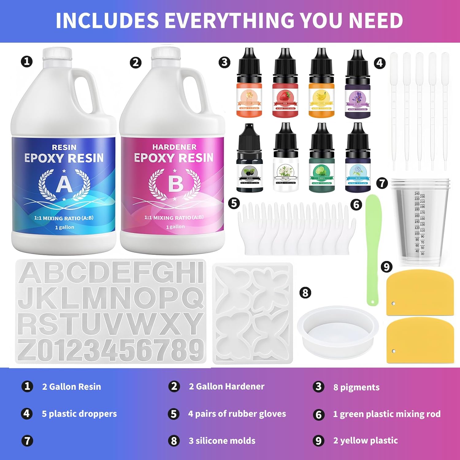 Minlebao Crystal Clear Epoxy Resin Kit 2 Gallon, High Gloss Bubble-Free Coating & Casting for DIY Art, Jewelry Making, River Tables - 1:1 Ratio with Measuring, Silicone Mold and Usage Tools​