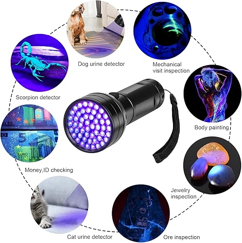 Miniatura 4 de Whaply Linterna UV de luz negra, 51 linternas LED de luz negra, detector de orina de mascotas de 395 nM con 3 pilas AA para orina de gato, manchas,
