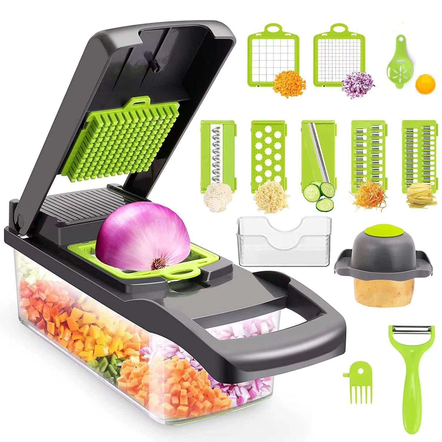 16-in-1 Gemüseschneider Set Mit 7 Klingen - Inkl. Zwiebelhacker, Schäler, Aufbewahrungsbox | Küchenhelfer Für Schnelles Schneiden