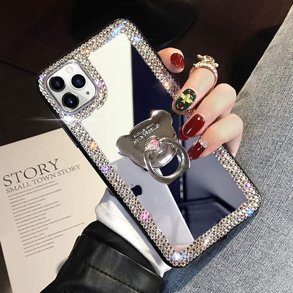 LUVI Compatible with iPhone 12 Pro Max Diamond Glitter Case Makeup Mirror with Ring Holder Kickstand Stand Bling Rhinestone Crystal Cute for Women Girls with Finger Grip Case 6.7 inch Silver
