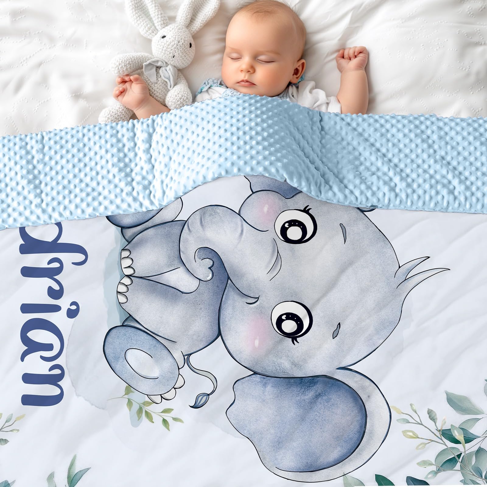 MJARTORIA Personalised Nane Blanket, Customised Baby Blanket with Name Text for Girl Adult Soft Bubble Style Rainbow Elephant Blanket 100cm/150cm/200cm (Blue Elephant)