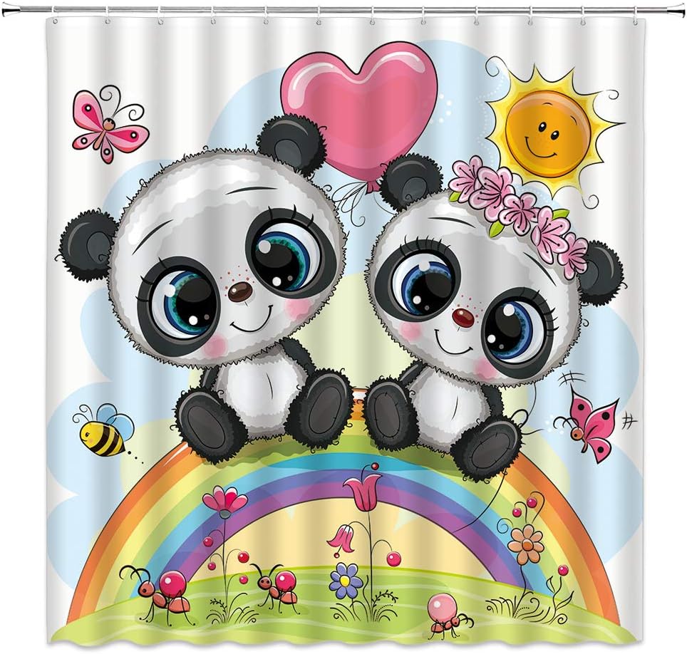 QWRSMYX Cute Panda Floral Sun Butterfly Child Shower Curtain Two Cartoon Panda Sitting On The Rainbow Forest Animal Decor Fabric Bathroom with Hook 70x70 Inch Black White Green