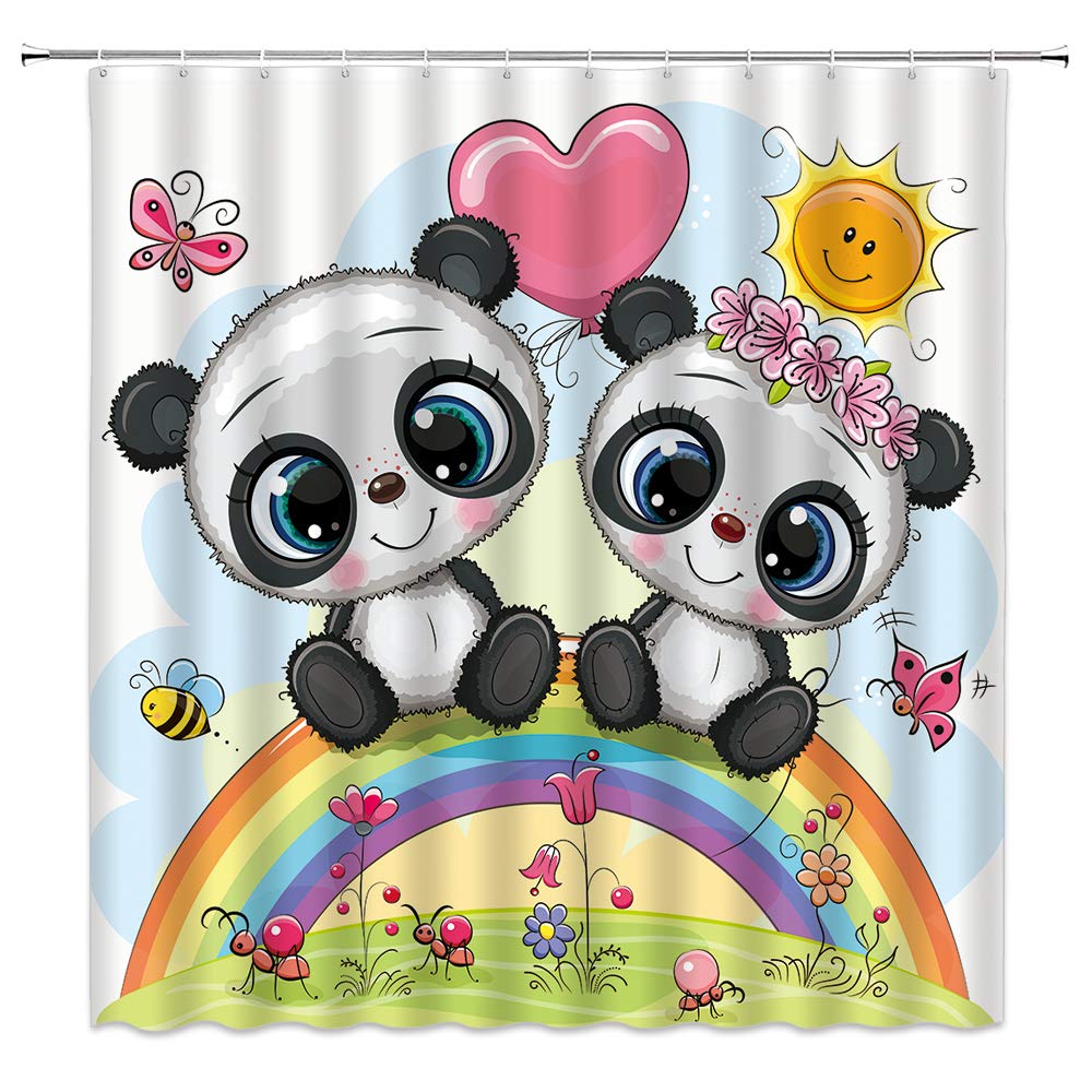 QWRSMYX Cute Panda Floral Sun Butterfly Child Shower Curtain Two Cartoon Panda Sitting On The Rainbow Forest Animal Decor Fabric Bathroom with Hook 70x70 Inch Black White Green
