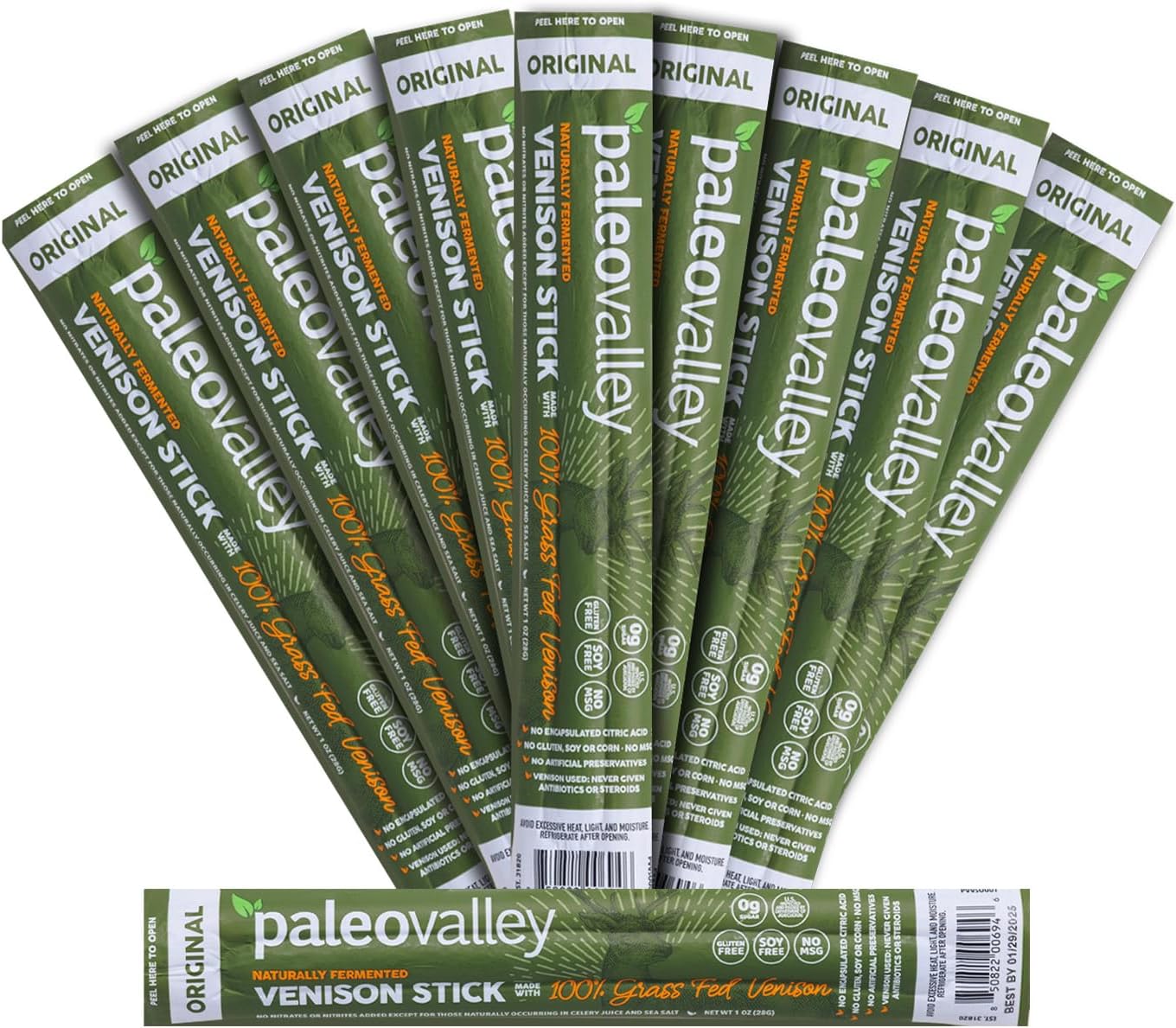 Paleovalley 100% Grass Fed Venison Sticks – 10 Pack – Keto-Friendly, High Protein, Low-Calorie Snack – Omega-3 Rich, Gluten-Free, Nitrate-Free, Naturally Flavored – Healthy On-the-Go Meat Snack