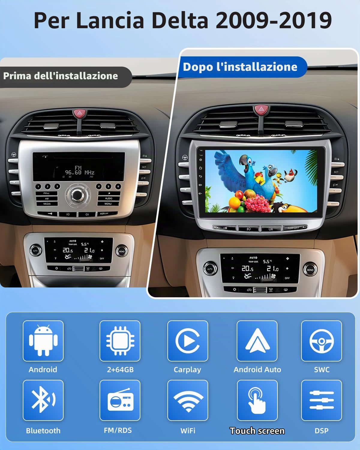NHOPEEW Autoradio 2G+64G per Lancia Delta 2009-2019 - Carplay wireless e Android Auto - Autoradio Carplay da 9 pollici con WiFi GPS Mirror Link FM RDS+ telecamera posteriore