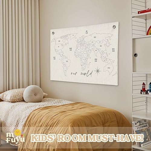 Miniatura 6 de MOFUYU Cartel de lienzo de mapa del mundo para niños, mapas del mundo para pared, decoración de pared de habitación de niños, letrero colgante de