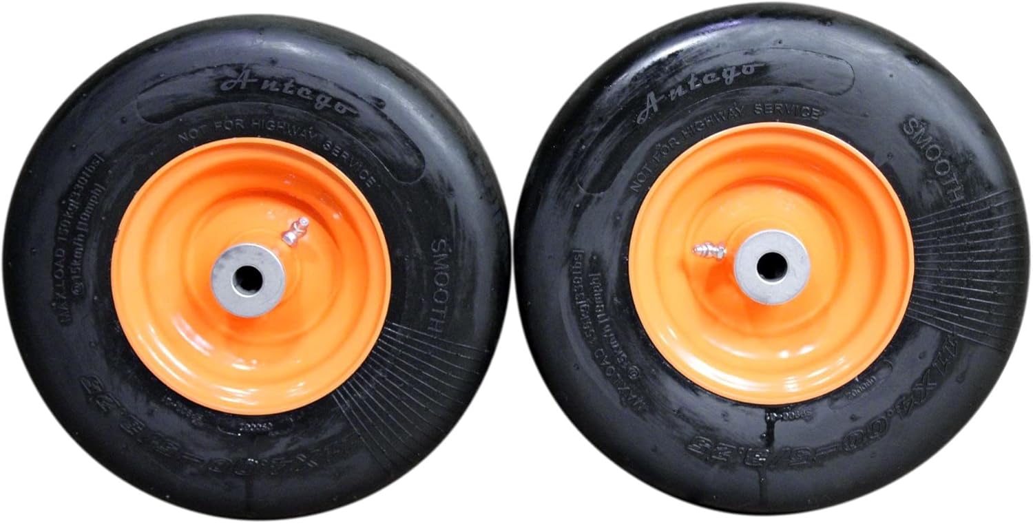 Set of 2-11x4.00-5 Flat Free Tire and Wheel Assemblies for Scag Mowers - Compatible with SFZ36, SFZ48, SFZ52, SZL48, SZL52, 9276, 483048, 15690 - "Cats Eye Gold" Powder Coated