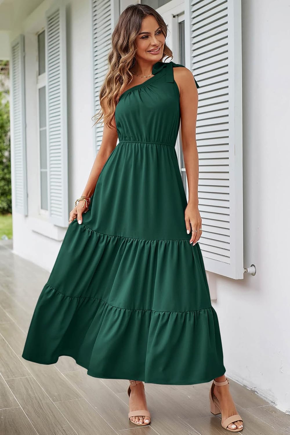  Women's One Shoulder Boho Floral Maxi Dress | Sleeveless Tiered A Line, Long Flowy Sundress, Tie Knot Summer Vacation Dresses, Spring Wedding Guest Outfits for Beach Party thumbnail