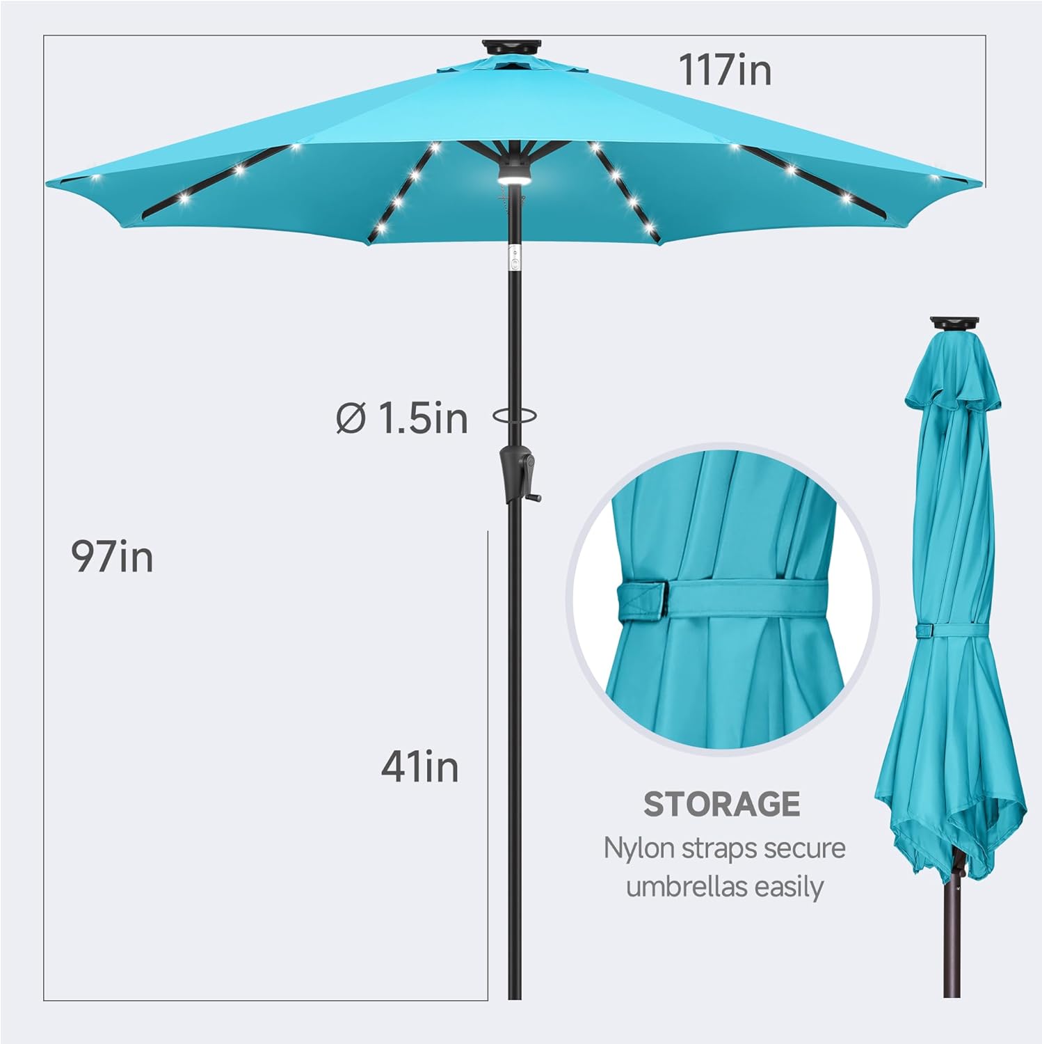 flame&shade 10 ft solar powered outdoor market patio table umbrella with led lights and tilt, aqua blue