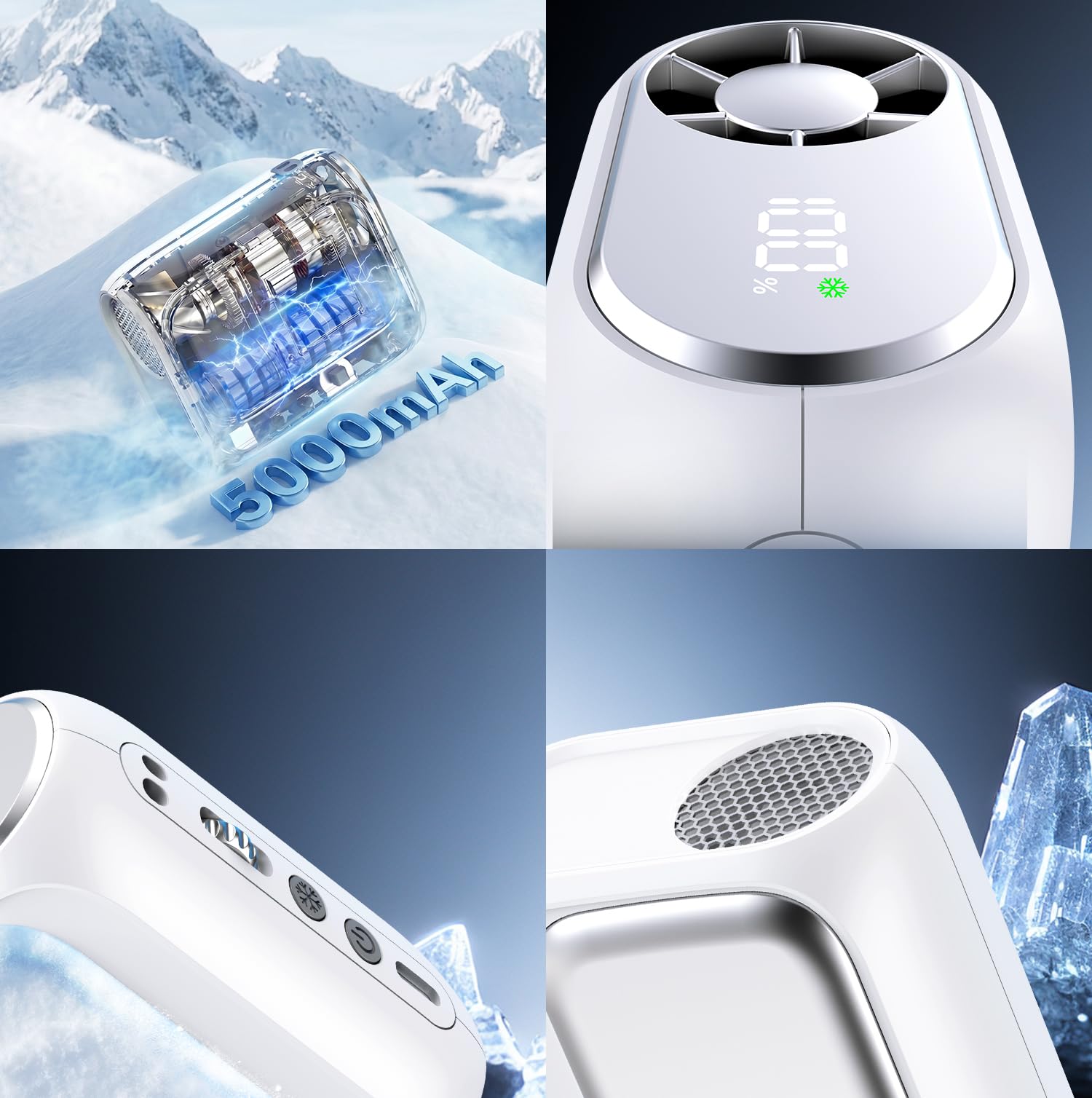 Ventilateur de Taille Portable avec Plaque de Refroidissement Glacée, Ventilateur Climatiseur Cou 20000TR/M Turbo, Ventilo Pince Ceinture 5000mAh Rechargeable 100 Vitesses pour Extérieur Voyage Bureau