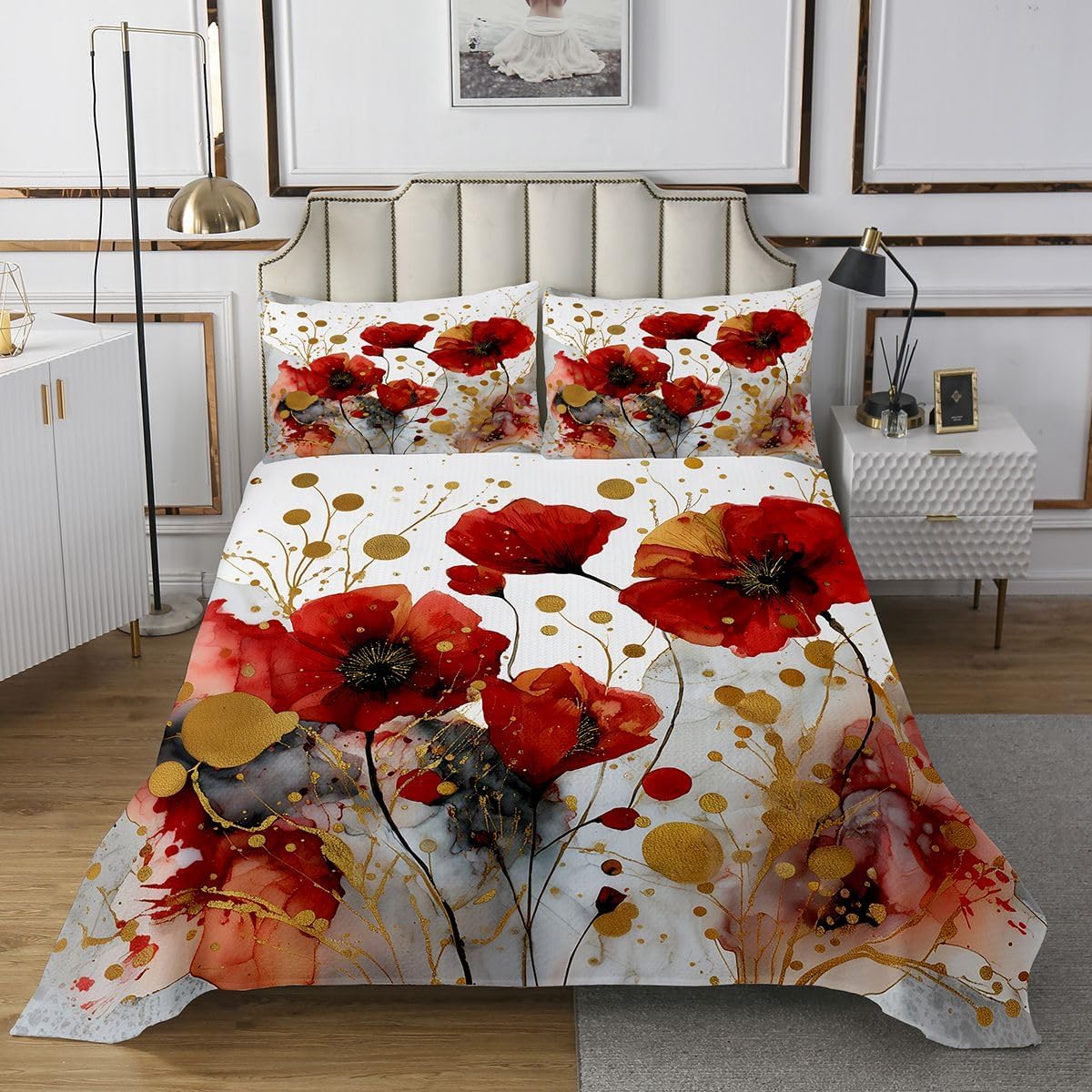 Homewish Red Poppy Flower Bedspread Queen Size,Marble Pattern Bedding Set 3Pcs for Kids Teens Adult Room Decor,Gold Graffiti Comforter Set Luxury Modern Quilt Coverlet,2 Pillowcases