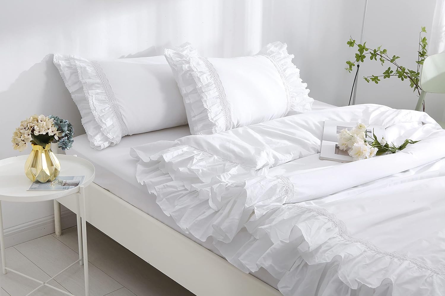 White Queen Duvet Cover with Ruffles and Lace Quilt Cover Egypt Cotton 90x90 Inch 1 Pieces Solid(Not Include Pillowcases and Insert)