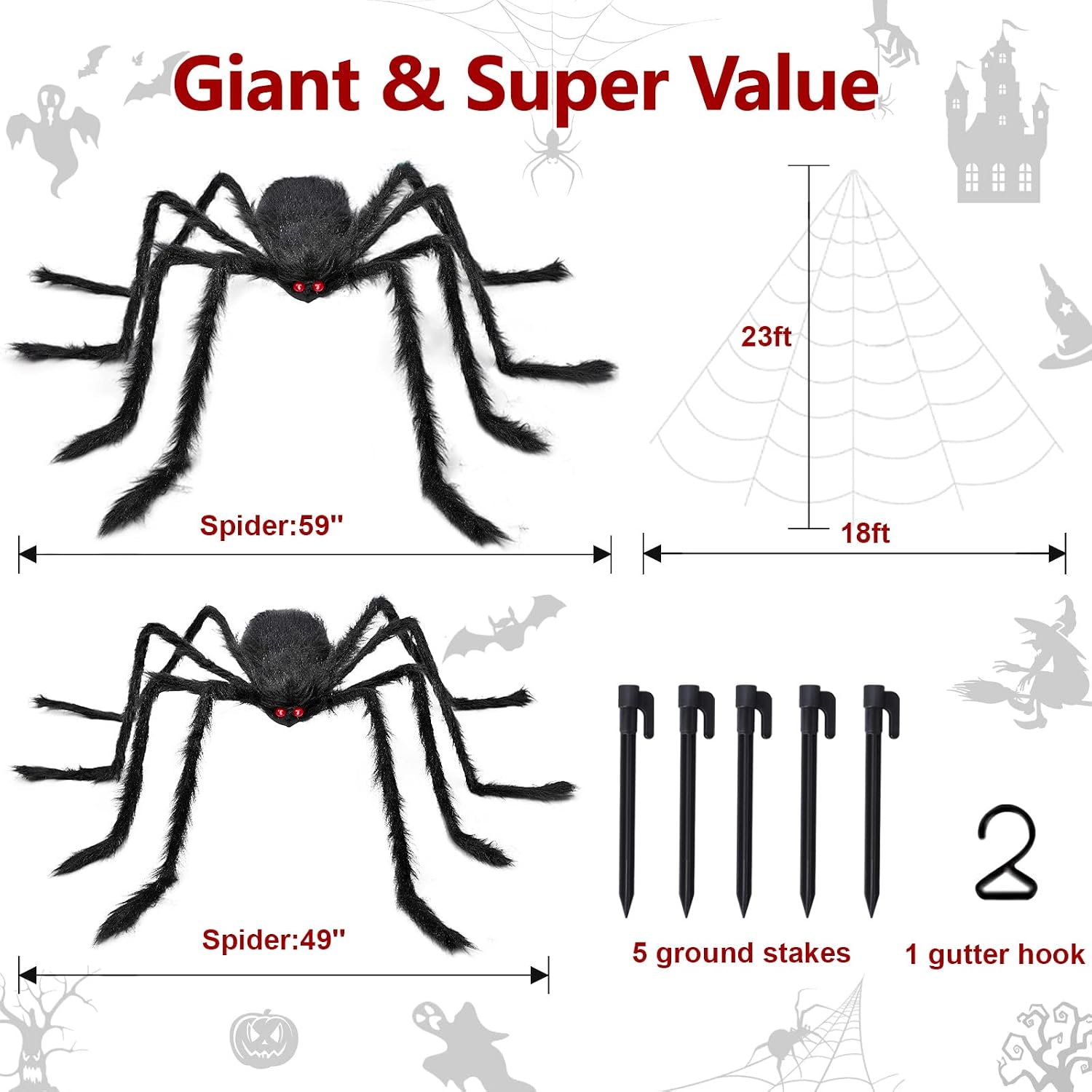 LUDILO 3PCS Halloween Spider Web Halloween Spider Decorations 276" Large Spider Web 59" Giant Spider 49" Big Spider Indoor Outdoor Halloween Decorations Porch Yard Costume Party Haunted House Décor