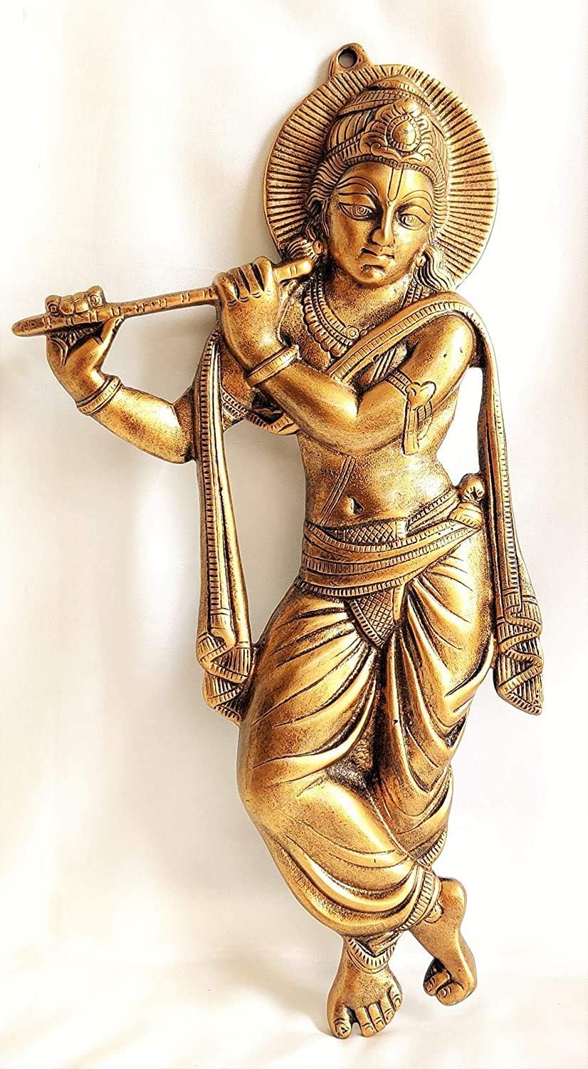 Metal Alluminum Lord Krishna Wall Décor Hanging Statue Size L*B*H - 29CM*2CM*52CM Weight: 980GR, Brass- Gold Antique 1 Piece