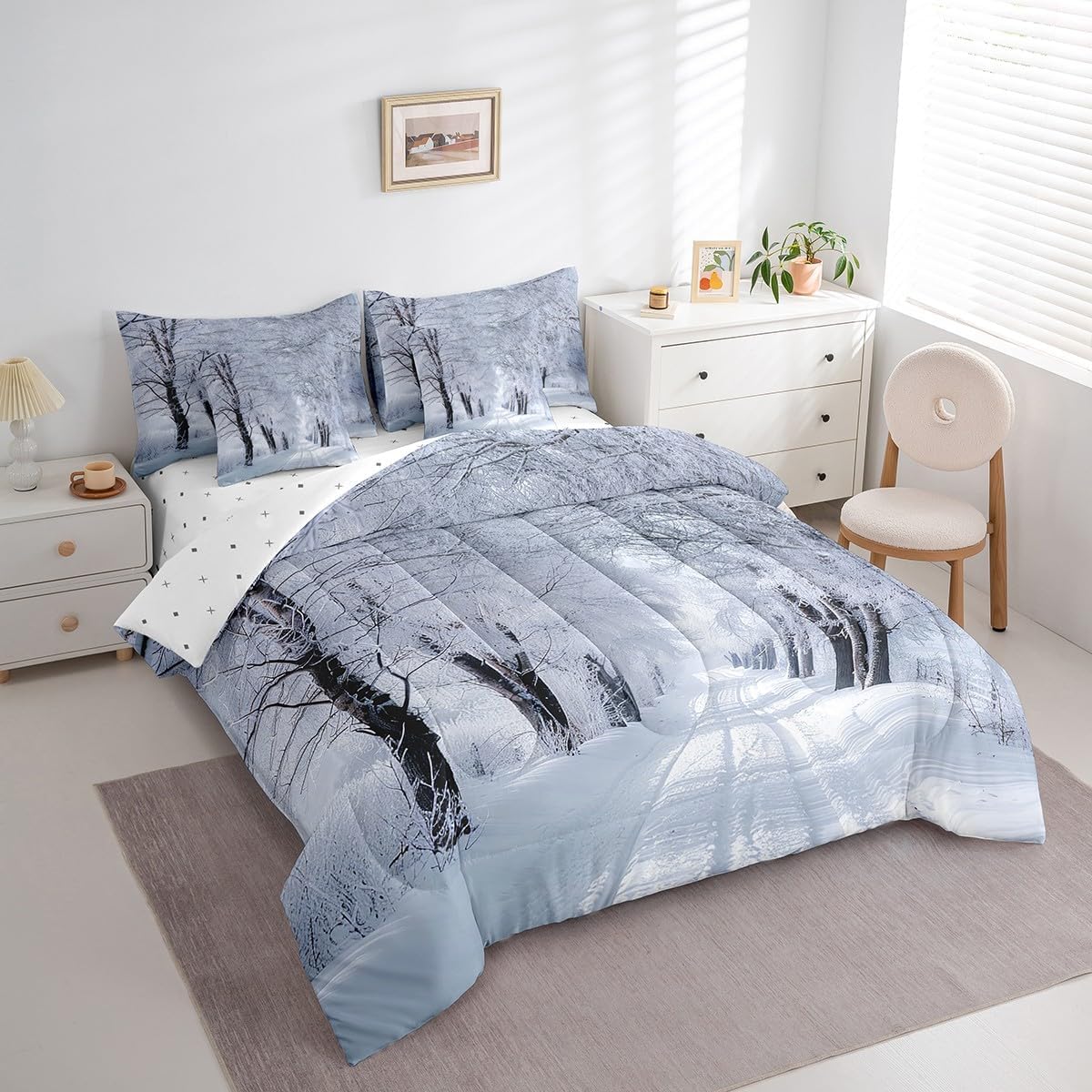 Feelyou Queen Comforter Set 7 Pcs Snow Scene Bed in a Bag Cedar Pattern Bedding Set for Kids Adult Winter Nature Themed Comforter Bed Set with Sheets, Pillowcases, Pillow Covers Room Decor White