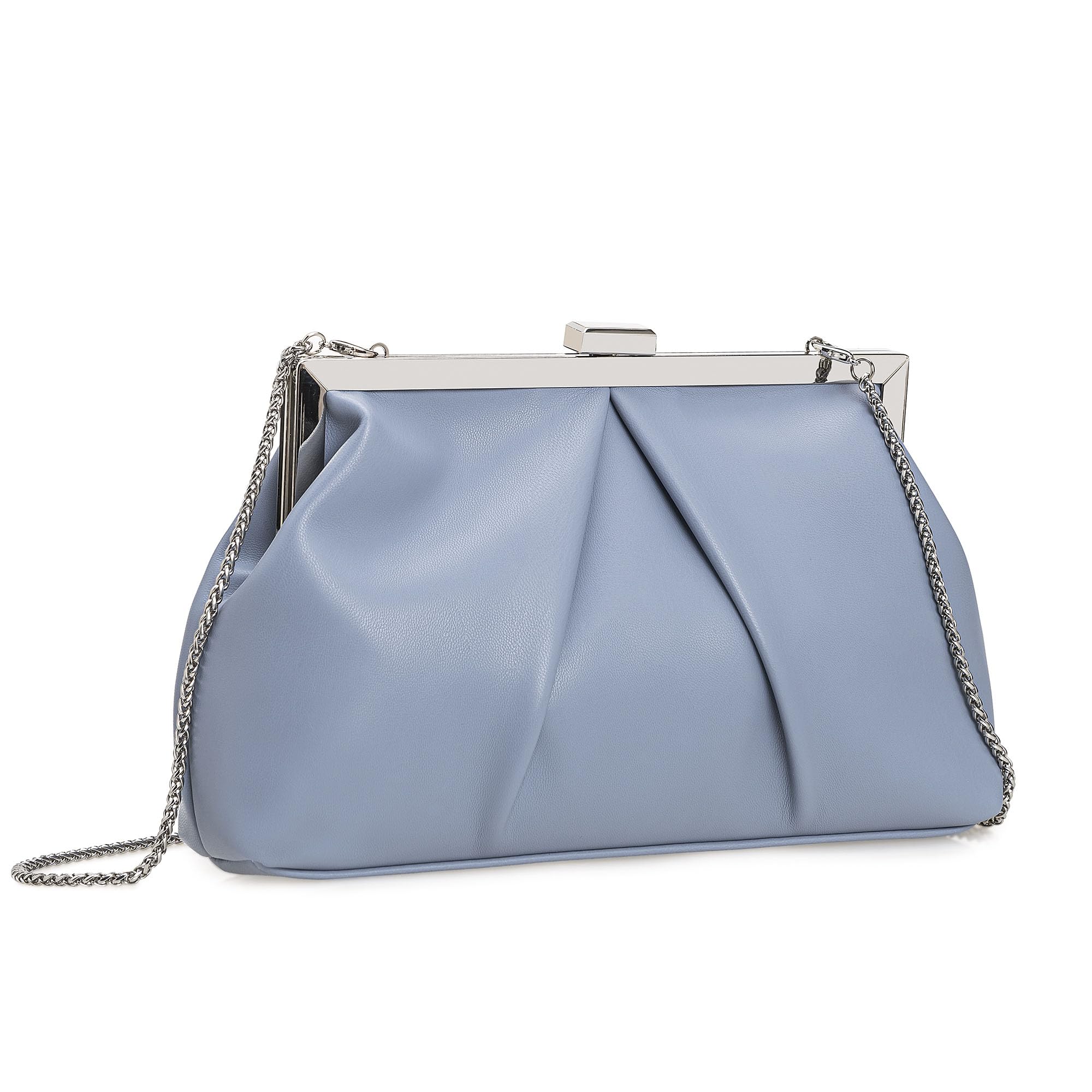 CHARMING TAILOR Faux Leather Clutch Purse Ruched PU Metal Frame Formal Evening Bag with Pearl Starp (Powder Blue)