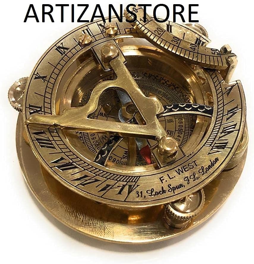 Antique Brass Sundial Compass with Leather Case, Steampunk Nautical Navy Souvenir Compass, Graduation, Baptism, Birthday, Anniversary, Motivational Gift for Camping, Travelling, Boating Equipment