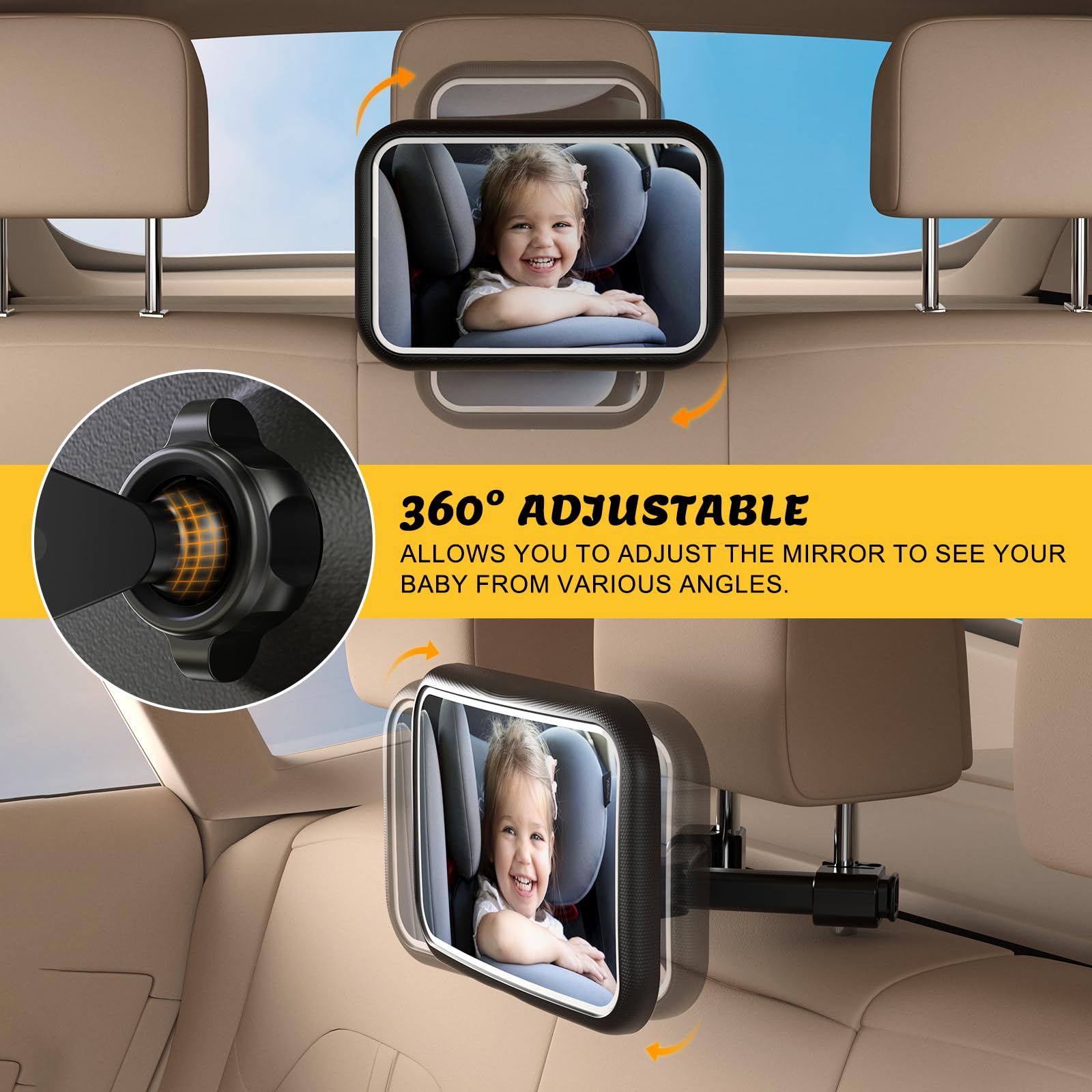 Espejo de coche para bebé con luz, control remoto, espejo de asiento trasero para bebé, 7 modos de luz RGB, rotación de 360°, espejo de asiento de coche recargable para bebé, inastillable y gran
