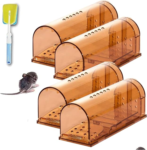 jingtai Humane Mouse Trap, Live Catch and Release Mice Catcher, No Kill Small Snap Traps That Work for Small Rodent/Voles/Hamsters/Moles Catcher, Indoors Outdoors 4 Pack with Cleaning Brush