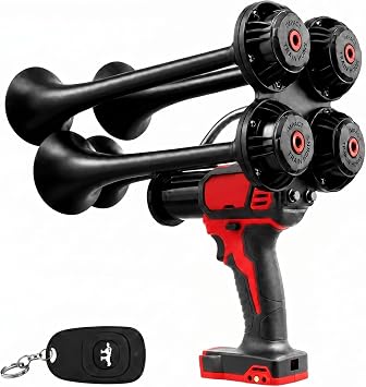 Impact Train Horn Remote-Controlled, 150 dB, Cordless Drill Air Horn with Quad Metal Trumpets, Portable Air Horn, No Battery