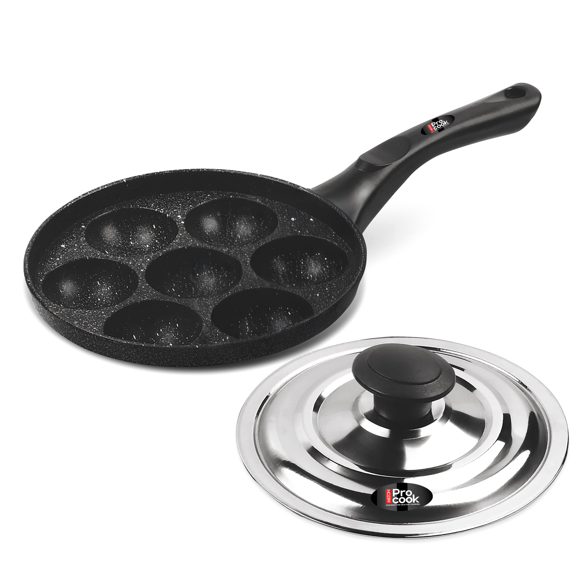 MILTON Pro cook Appam Patra with Stainless Steel Lid, Non-Stick Heavy Duty Aluminium, 7 Cavity, 12.8 Inch, Single Handle, Paniyaram Pan, Appe Maker, Appam pan, Litti Maker - Black