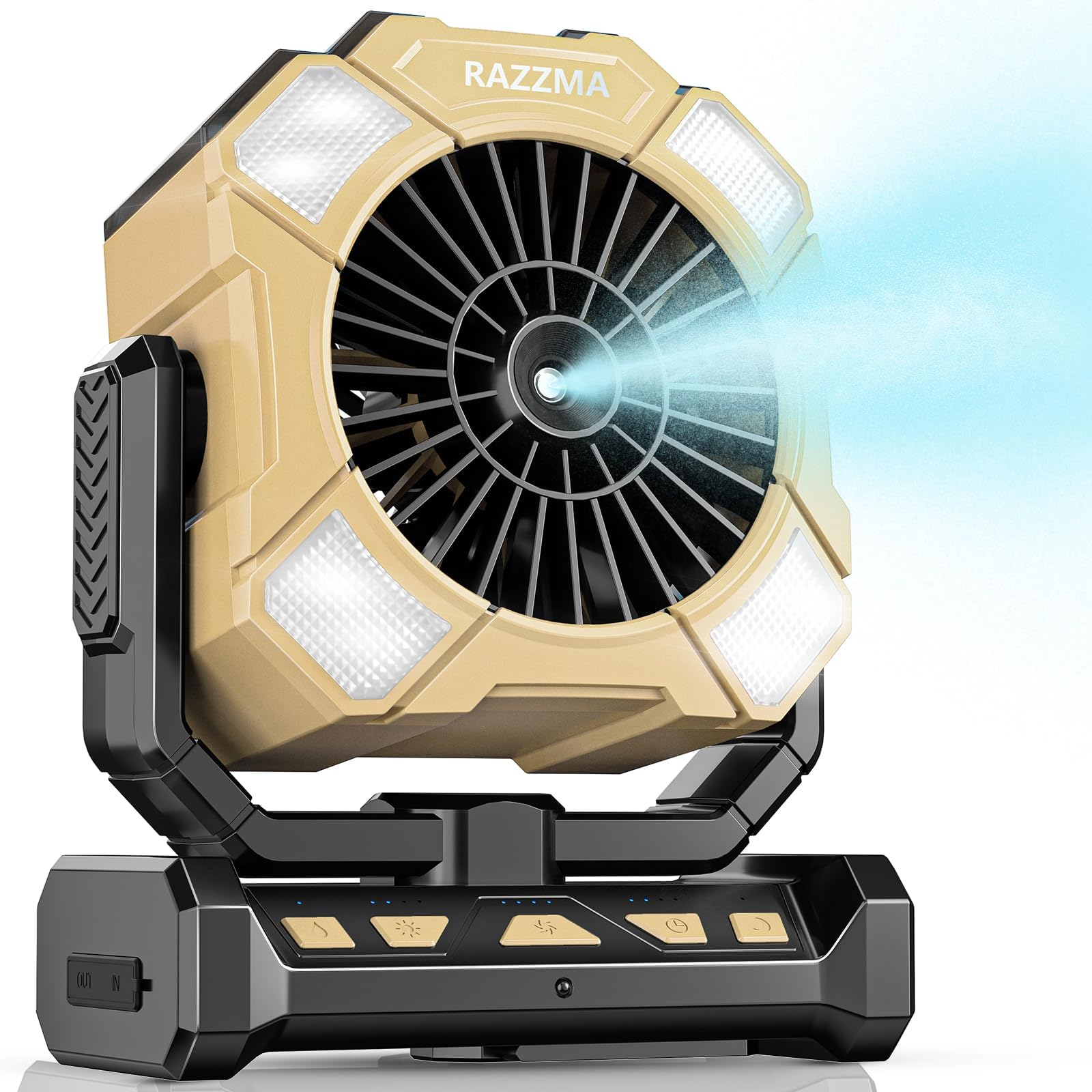 24000mAh Battery Operated Portable Misting Fan with 8M Remote Control, 4 Wind Speeds, 300ml Water Capacity, 3 Lighting Modes, Ideal for Camping, Outdoor & Industrial Use-Khaki