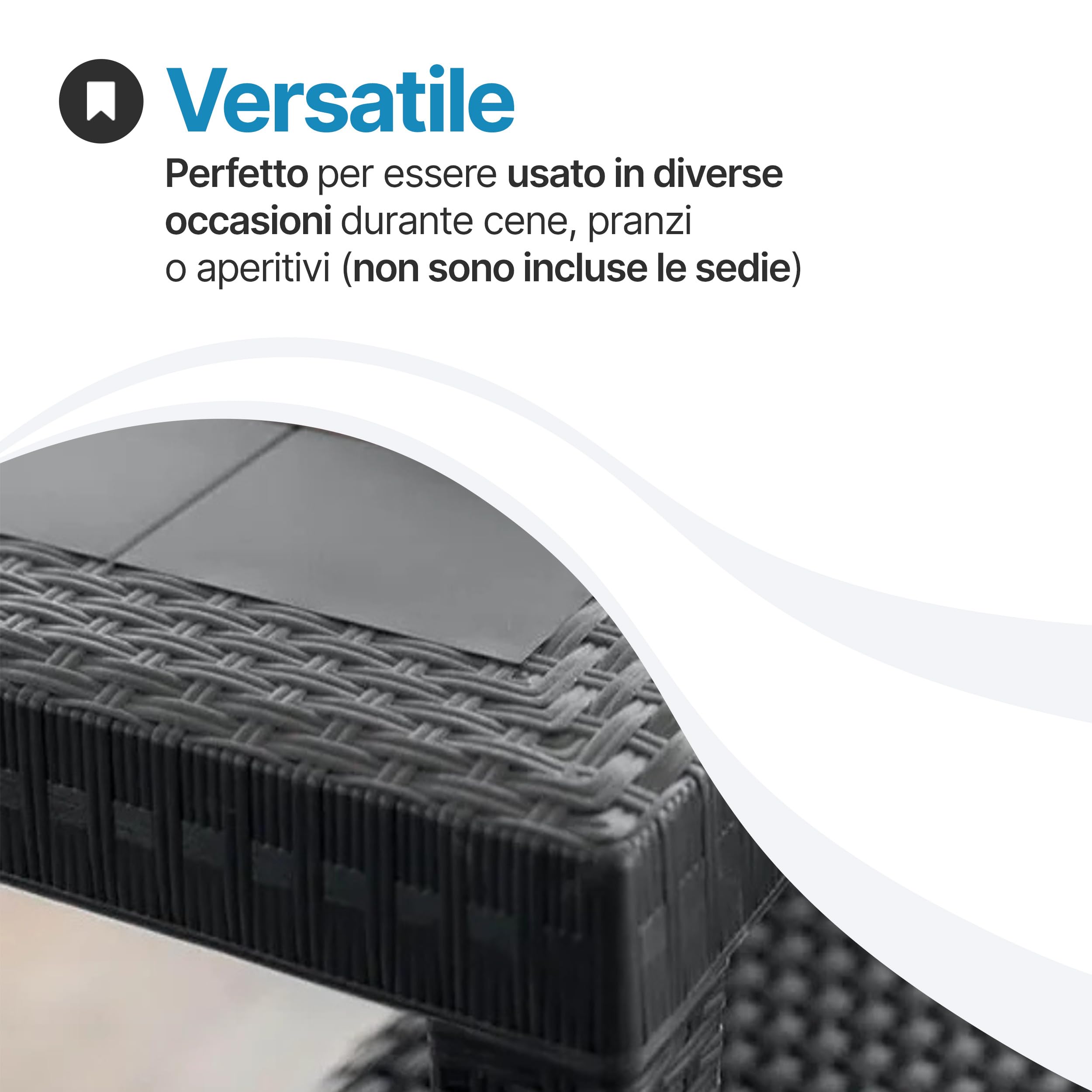 Tomaino - Tavolo da giardino in plastica, quadrato per esterno effetto Rattan, 4 posti, pranzo, bar, balcone (Nero)