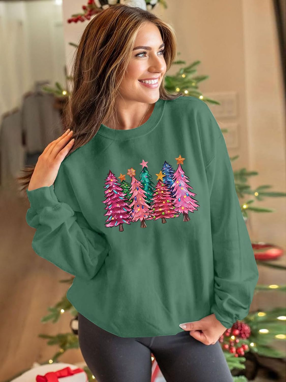 Christmas Sweatshirts Women Christmas Tree Graphic Long Sleeve Shirts Xmas Holiday Party Pullover Blouse