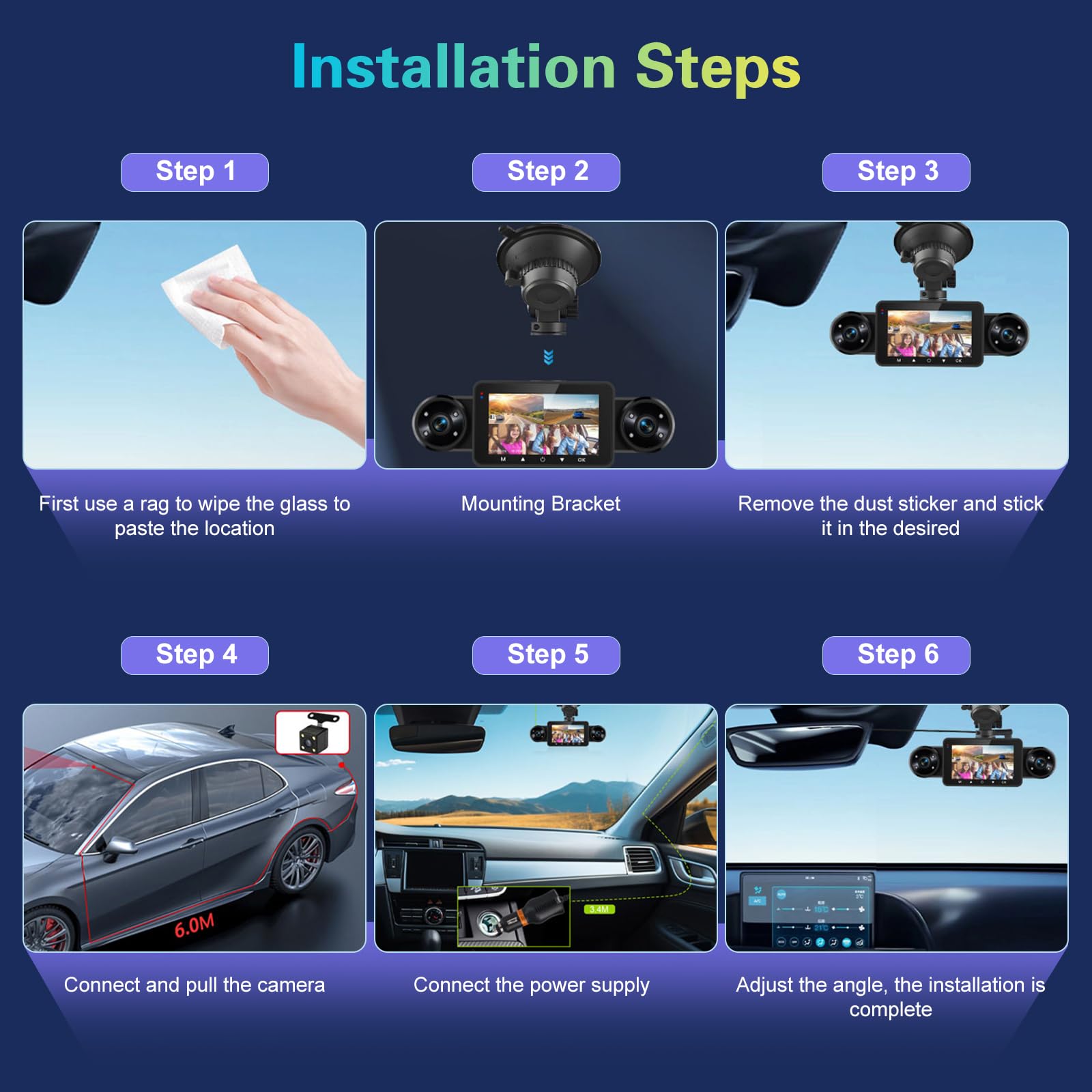 Dash CAM Delantera y Trasera en El Interior, Dash CAM de 4 Canales Pantalla IPS de 3" Delantera y Trasera con Sensor-G, Estacionamiento Las 24H, Visión Nocturna, Grabación en Bucle +Tarjeta de 64 GB