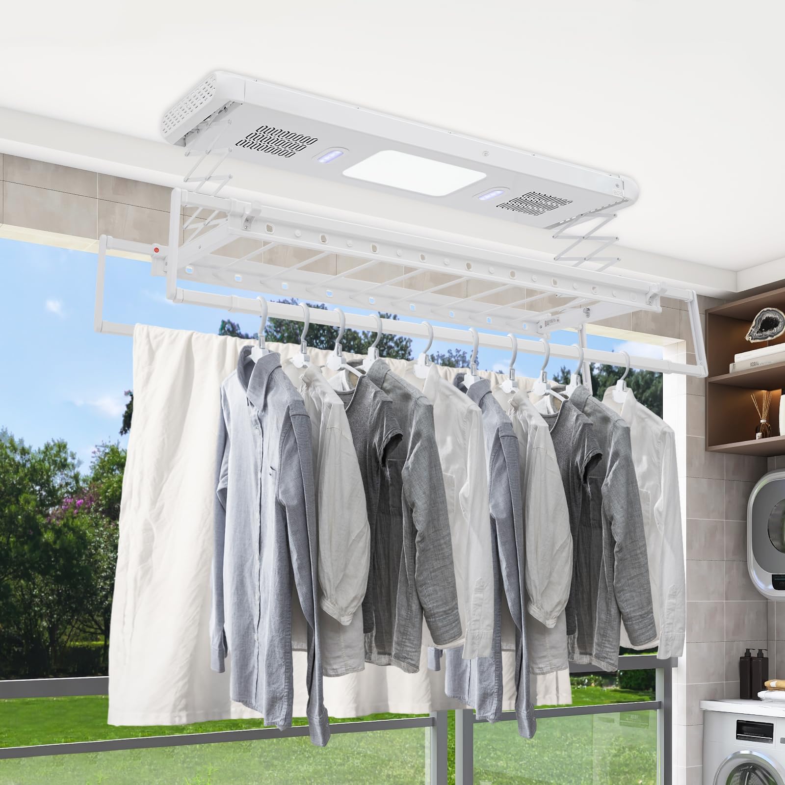 Elektrischer Wäscheständer für Wand und Decke mit Ventilator und Fernbedienung | 130-215 cm Ausziehbar, 35kg Tragkraft | Decken Wäschetrockner für Hausbalkone Badezimmer (Weiß)