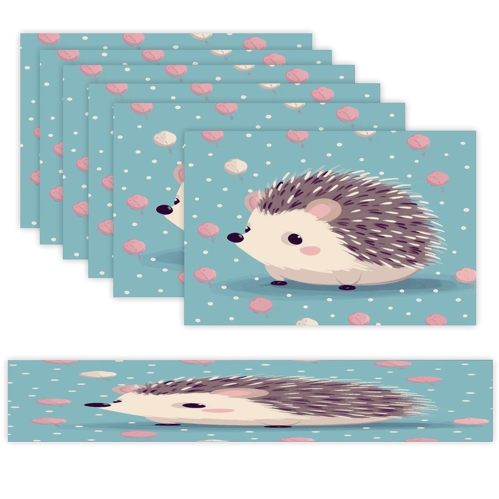 Hedgehog Polkadot Table Runner and Placemats Set of 6 Modern Art Table Runners Table Mats Heat Resistant Non-Slip Place Mats Washable Linen Dining Mat Sets for Kitchen