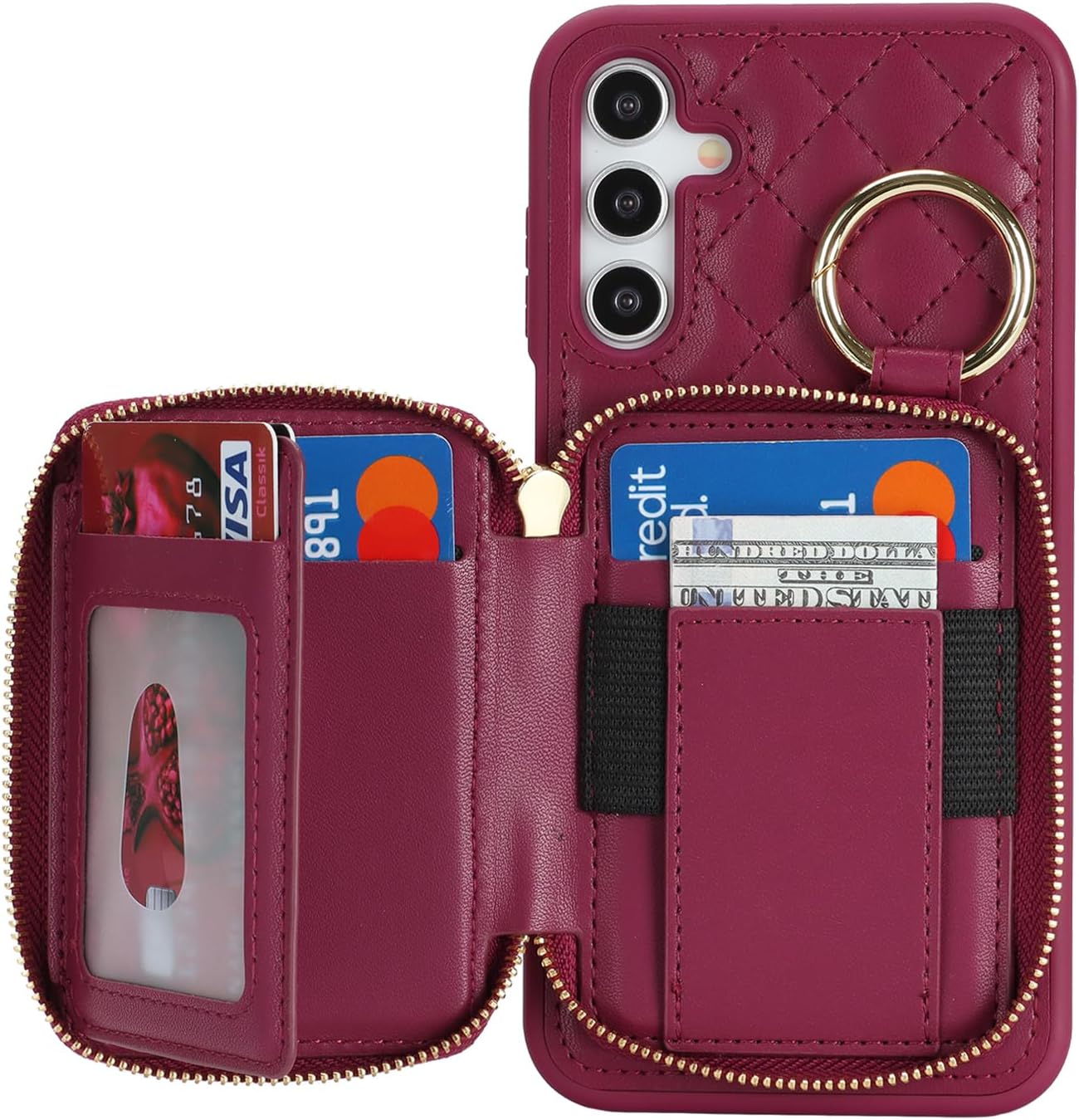 for Galaxy A16 Case Wallet with Card Holder,for Galaxy A16 Phone case Wallet with Zipper with Slot Kickstand Stand Case for Women and Man-Dark red